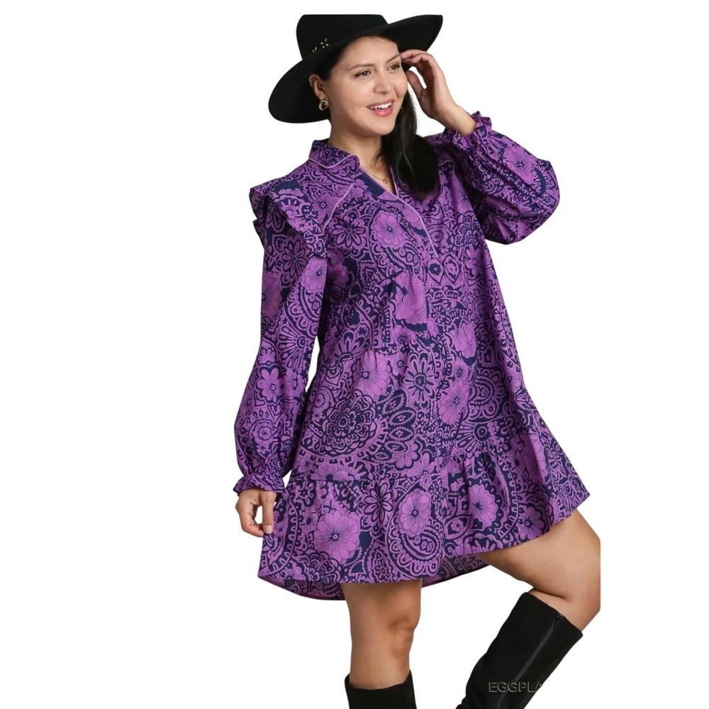 Umgee Purple Blue Paisley Floral Tiered Cotton Long Sleeve Mini Dress Size